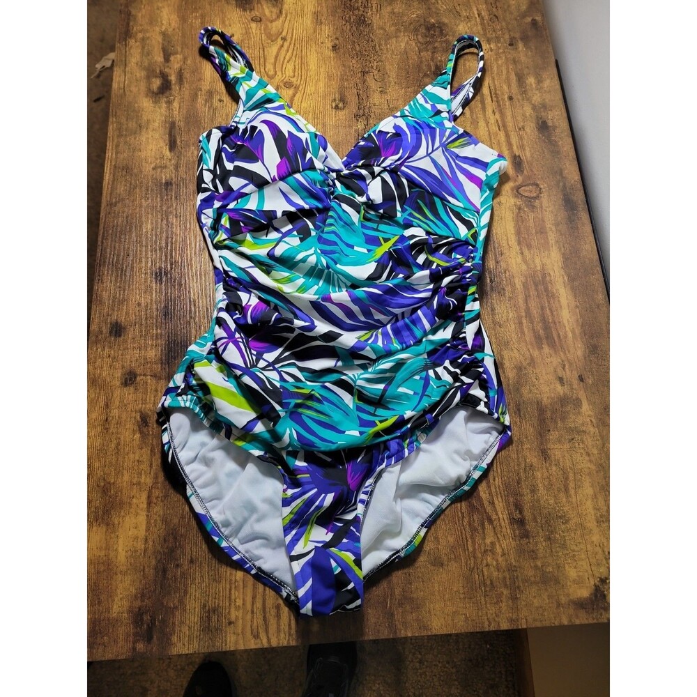 Craft Barrow  Womens Bathing Suit 1 Piece Tummy White Blue Palm Leaves Sz 18 New